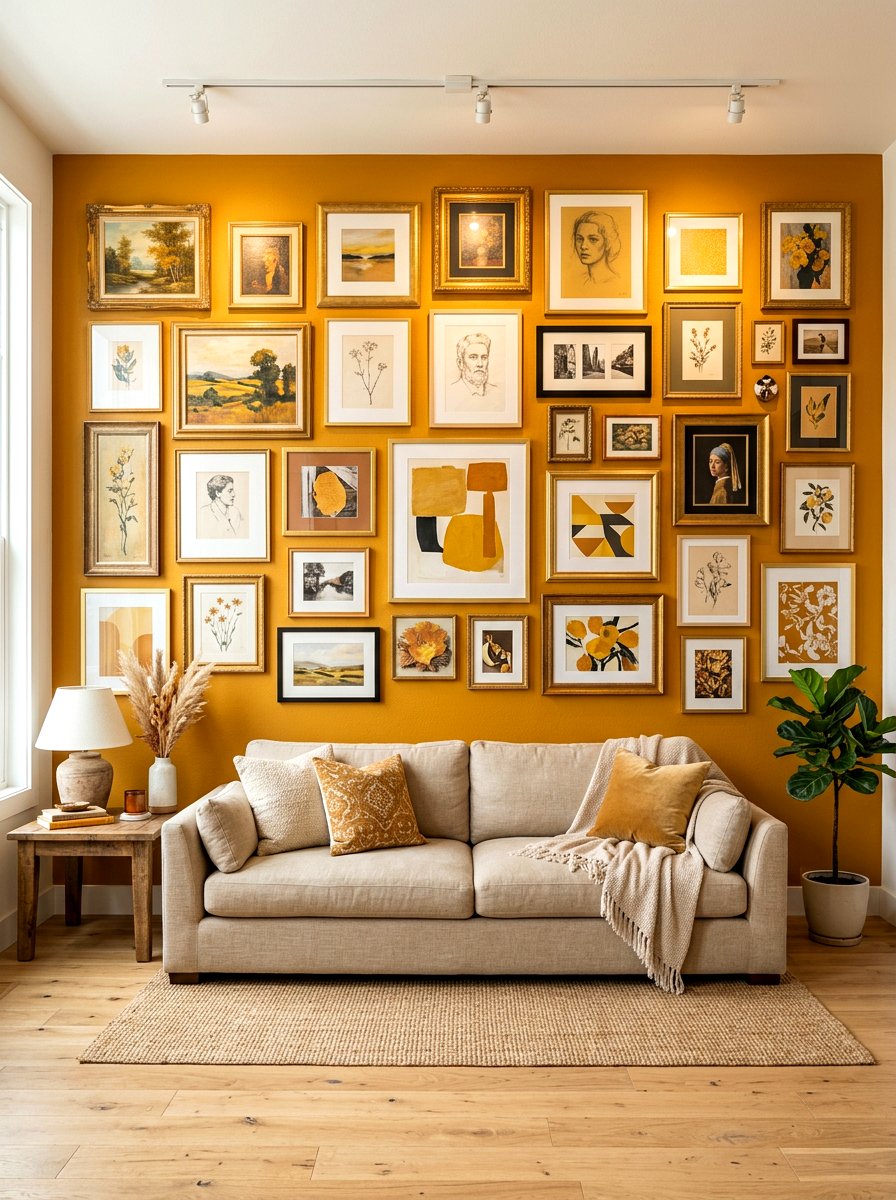 Eclectic ochre gallery wall - 30 ochre living room ideas