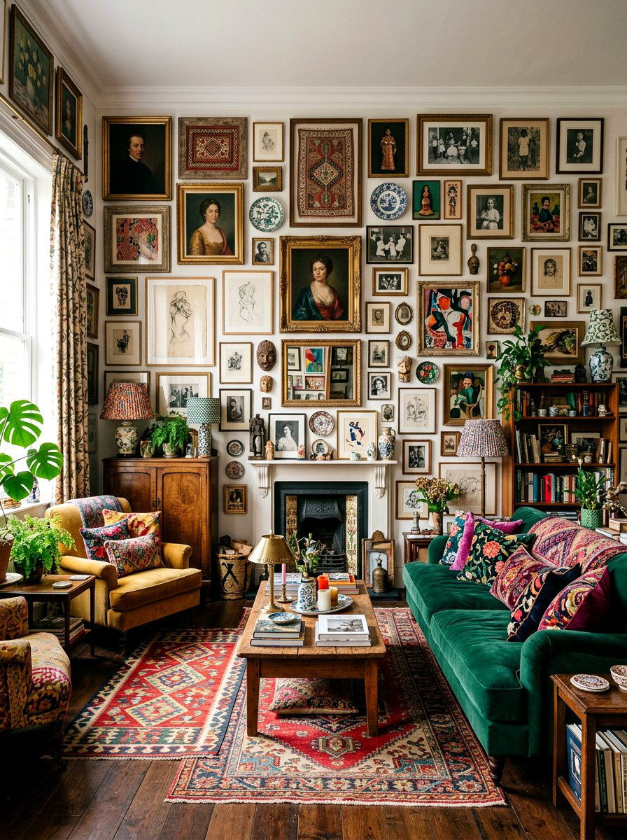 Eclectic portrait wall layout - 30 vintage portrait wall ideas
