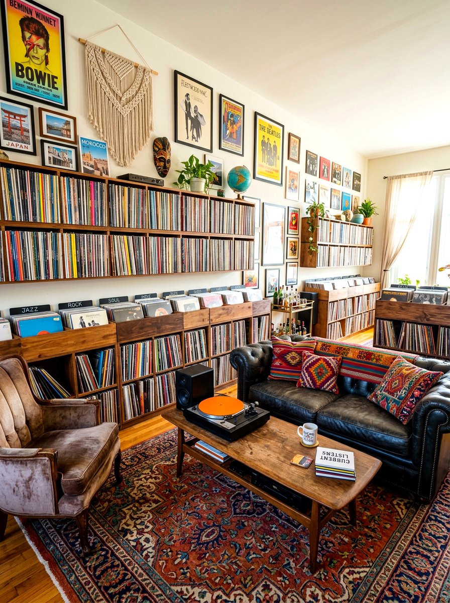 Eclectic record collection room - 30 record listening room ideas