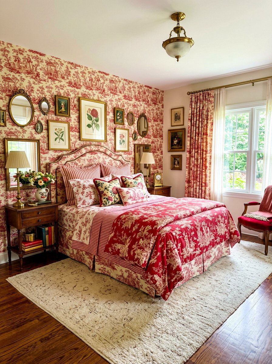 Eclectic toile pattern layering - 30 toile bedroom ideas