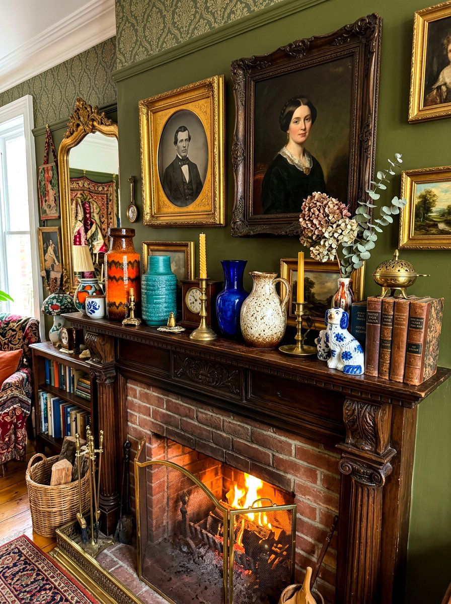 Eclectic vintage mantel - 30 mantel decor ideas