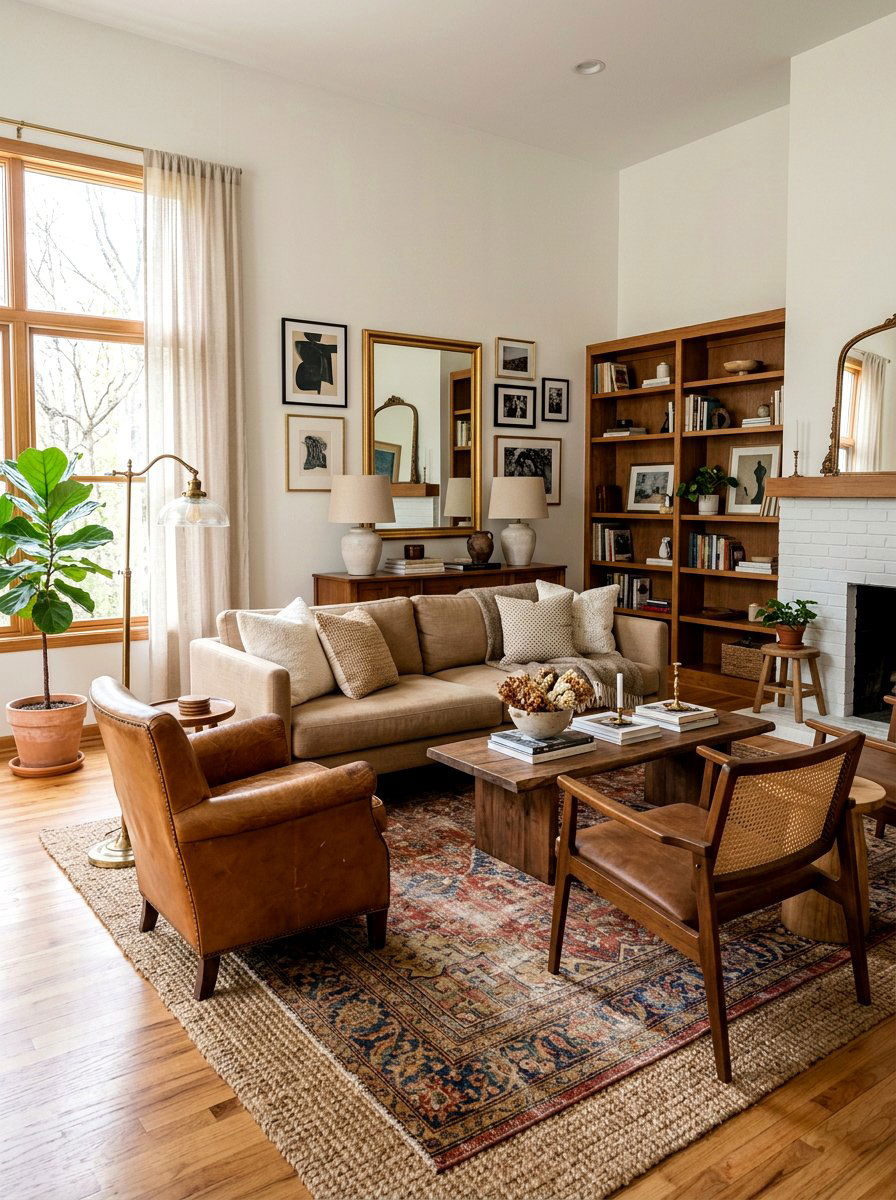 Eclectic warm neutral living room - 30 warm neutral living room ideas