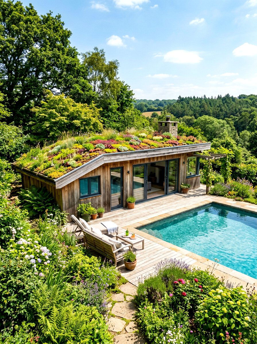 Eco Friendly Green Roof - 30 pool house lounge backyard ideas