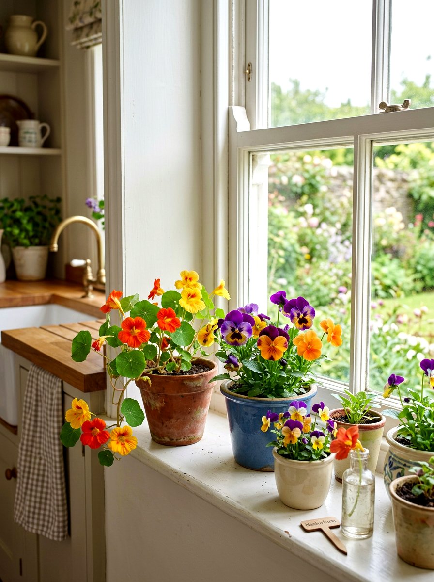 Edible Flower Growing In Window Area - 30 windowsill vegetable garden ideas