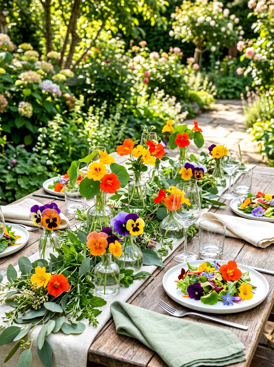 Edible flower centerpiece salad table - 30 garden salad tablescape ideas