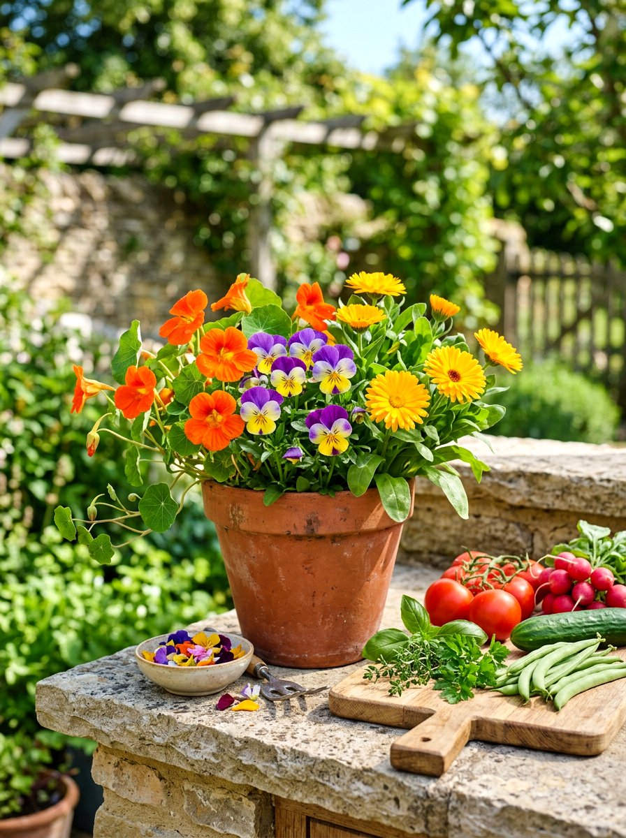 Edible flower pot - 30 flower container garden ideas