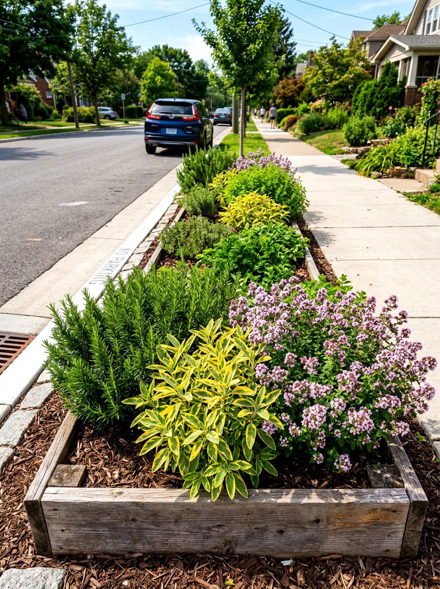 Edible herb curbside garden - 30 curbside planting strip ideas