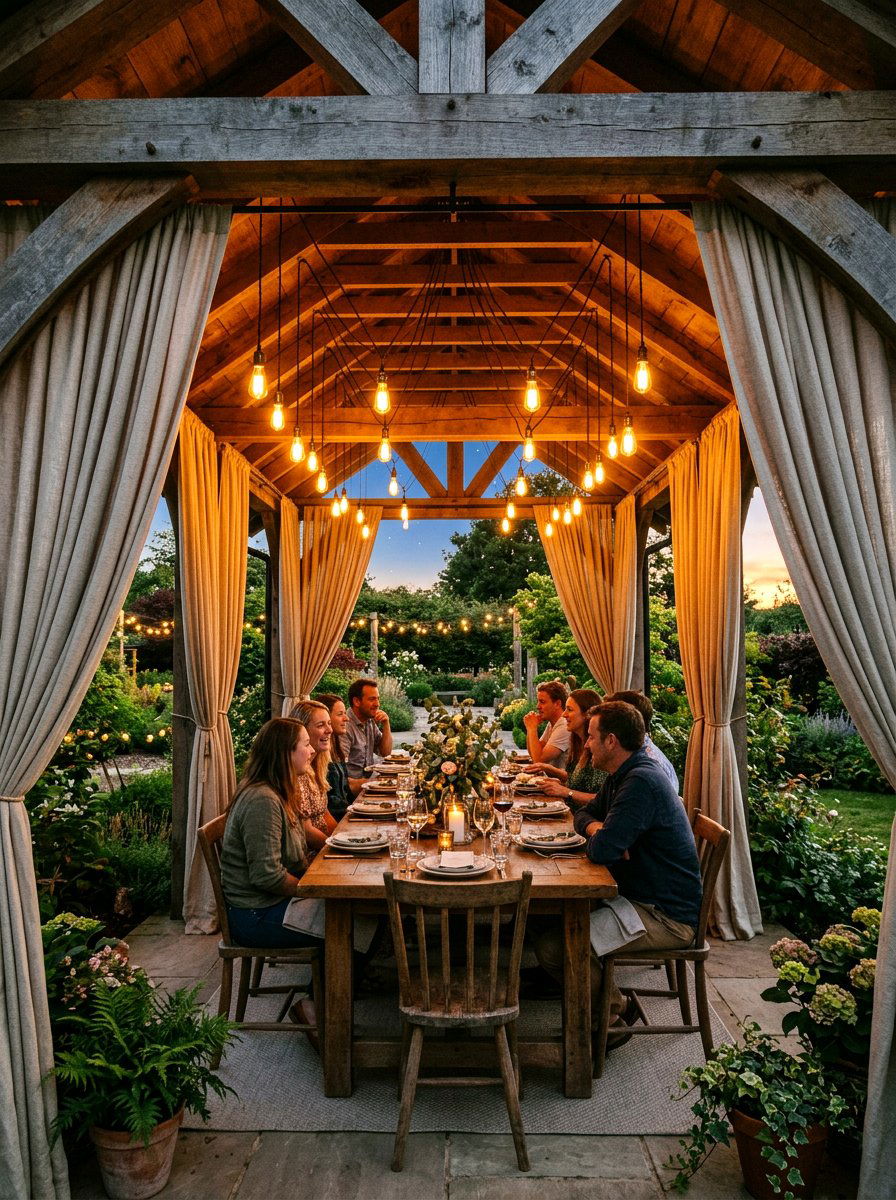 Edison Bulbs Over Linen Drapes - 30 gazebo curtain lighting ideas