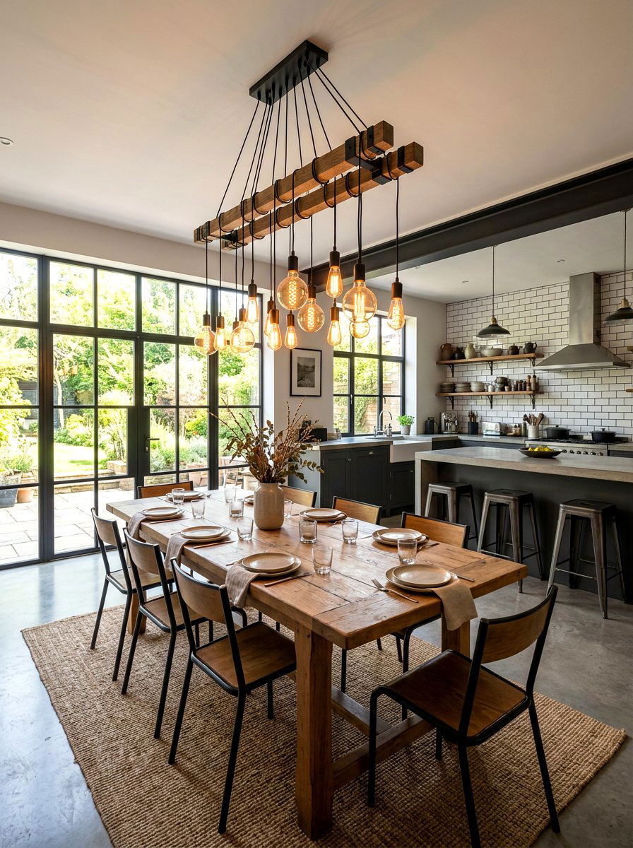 Edison bulb chandelier - 30 industrial farmhouse kitchen ideas