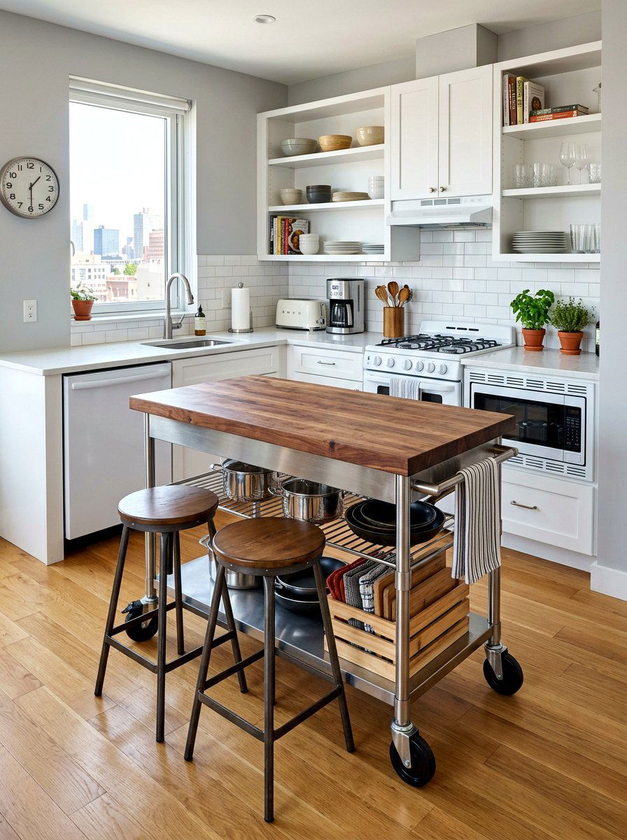 Efficiency Kitchen With Mobile Island - 30 micro living ideas