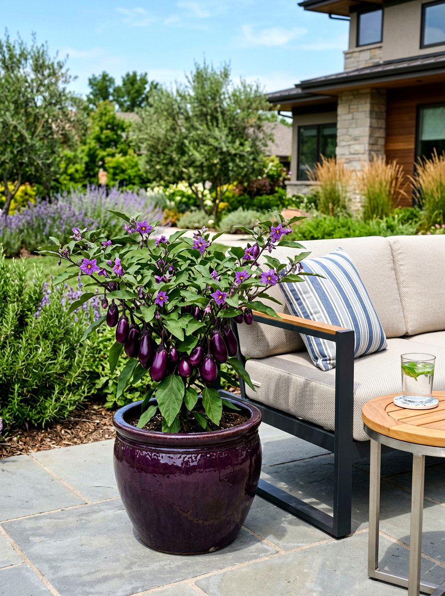 Eggplant Patio Container - 30 edible patio garden ideas