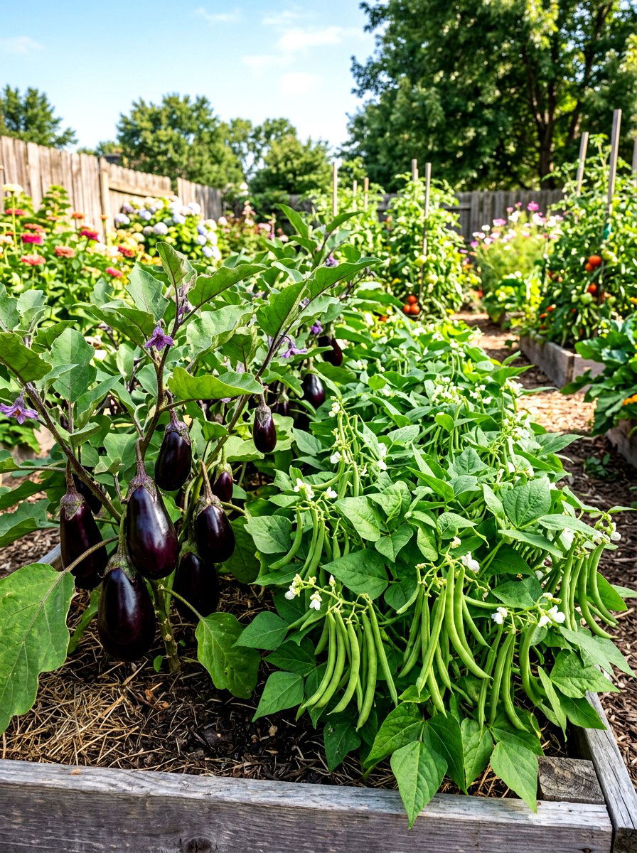 Eggplant and bush bean arrangement - 30 vegetable garden companion planting ideas