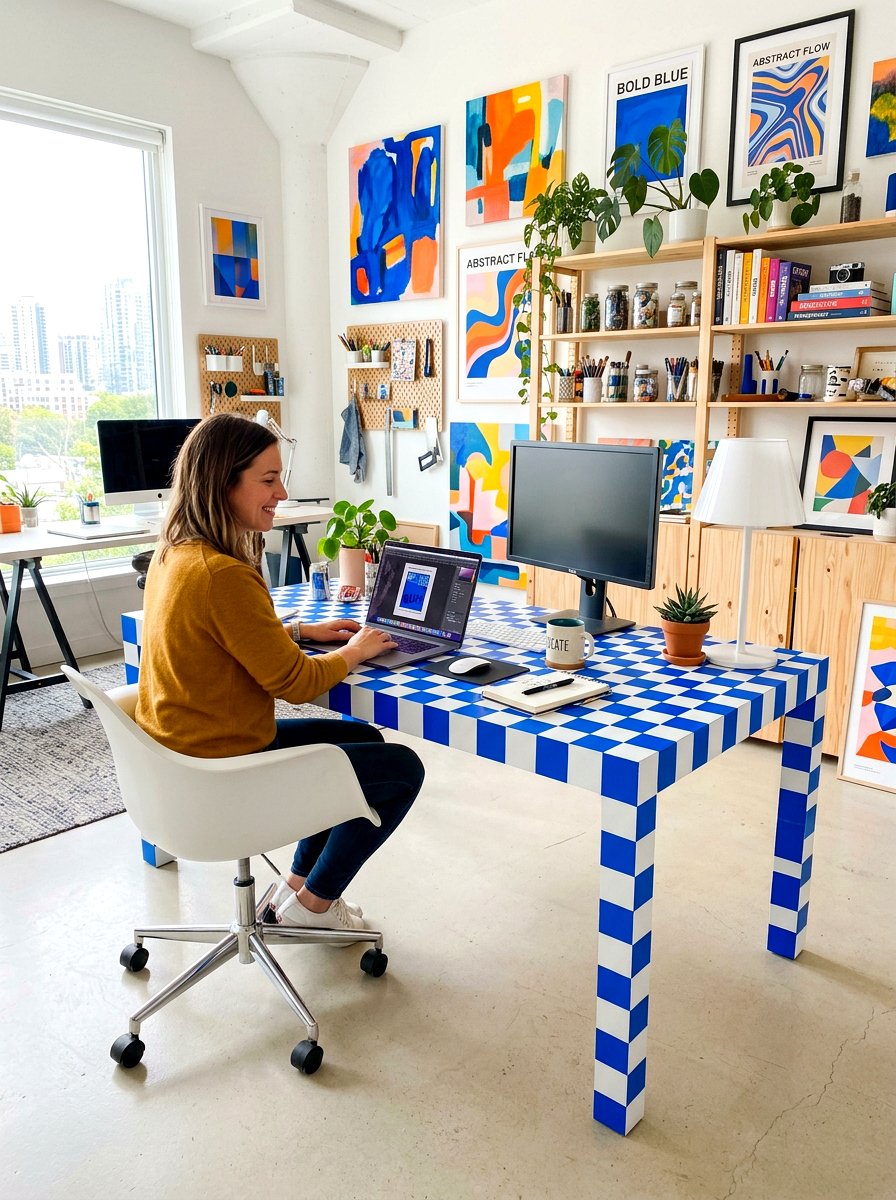 Electric blue checkered desk - 30 bright checkerboard decor ideas