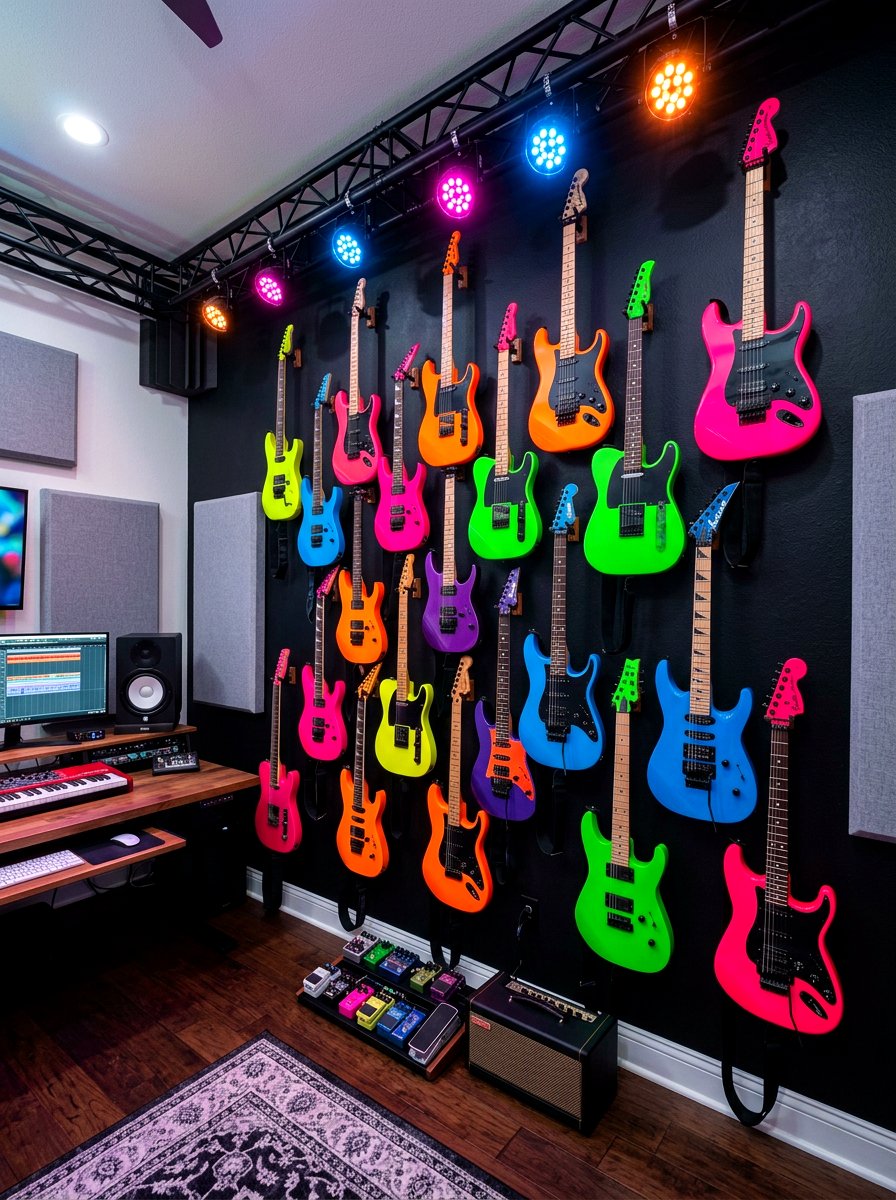 Electric guitar wall arrangement - 30 guitar wall display ideas
