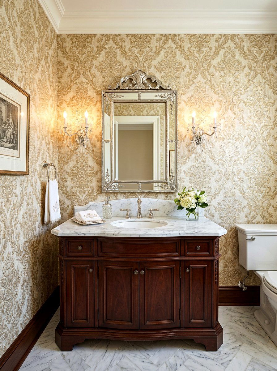 Elegant Damask Wallpaper - 30 wallpapered powder room ideas