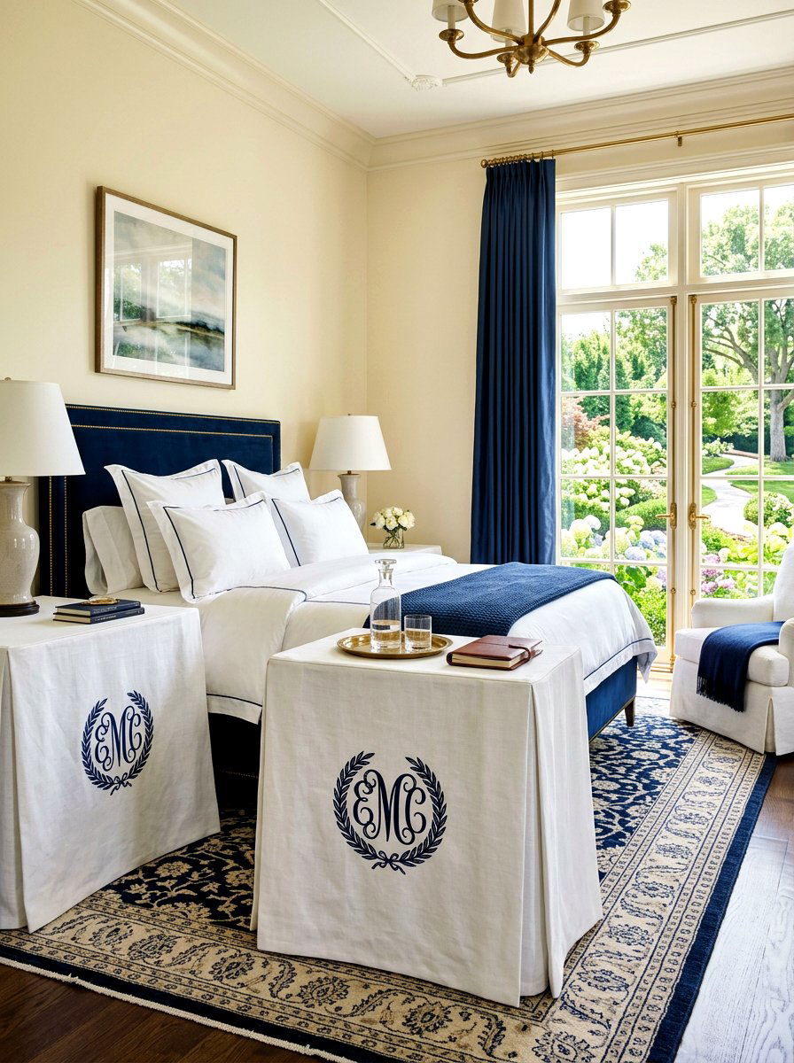 Elegant Monogrammed Bedside Table - 30 skirted nightstand ideas
