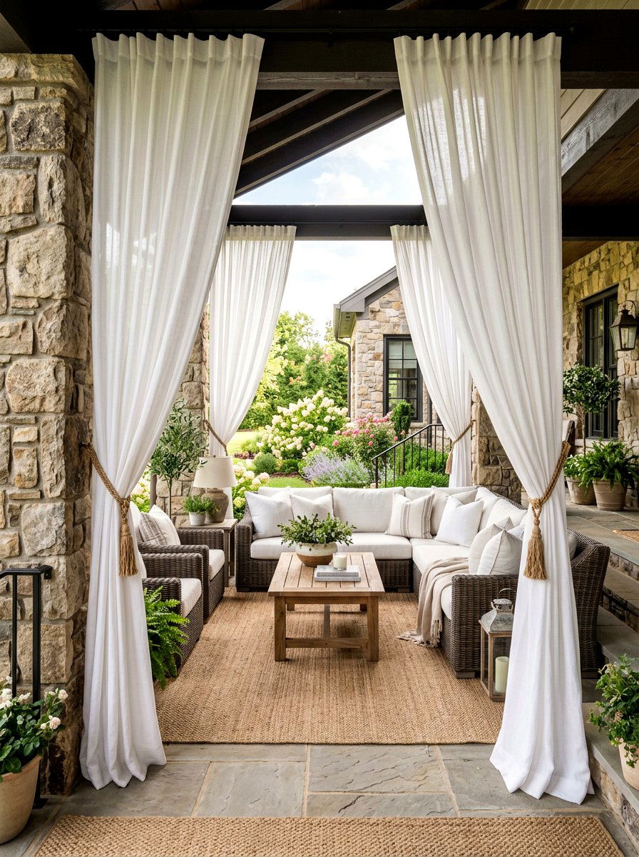 Elegant Outdoor Curtain Drape Styling - 30 luxury front porch styling ideas