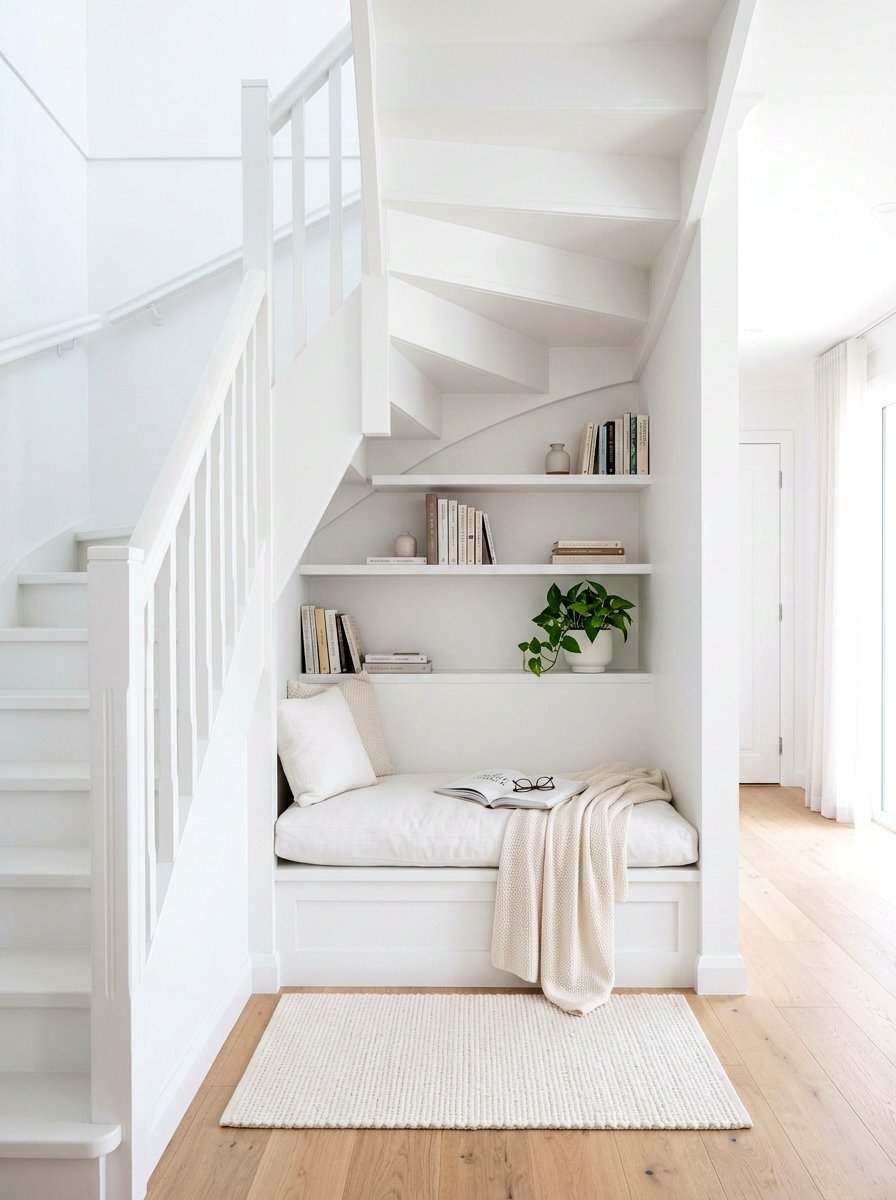 Elegant White Reading Alcove - 30 under stairs reading nook ideas