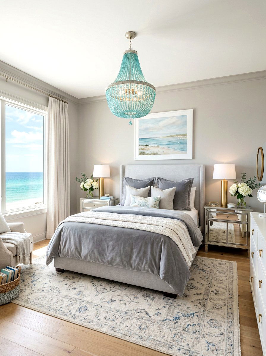 Elegant coastal bedroom with beaded chandelier - 30 coastal bedroom ideas
