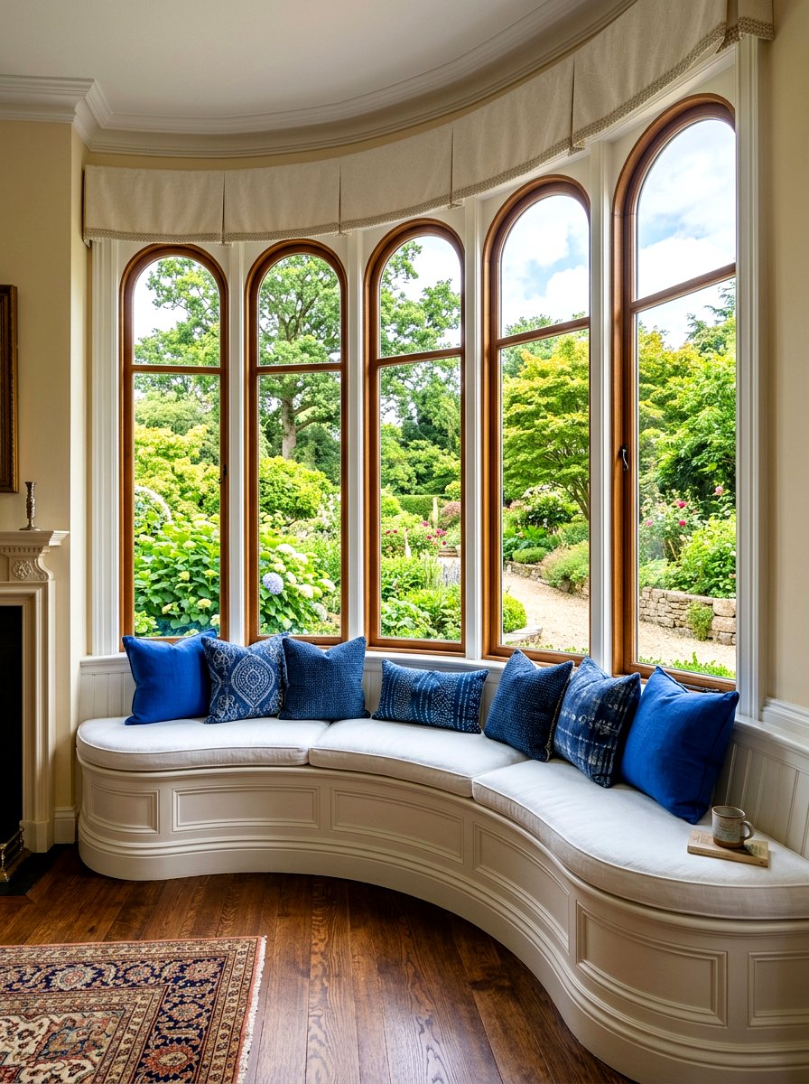 Elegant curved window bench - 30 curved banquette ideas