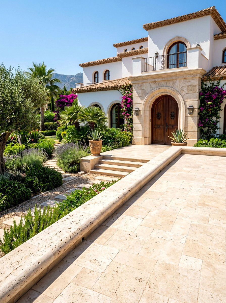 Elegant travertine patio edge - 30 stone edging front yard ideas