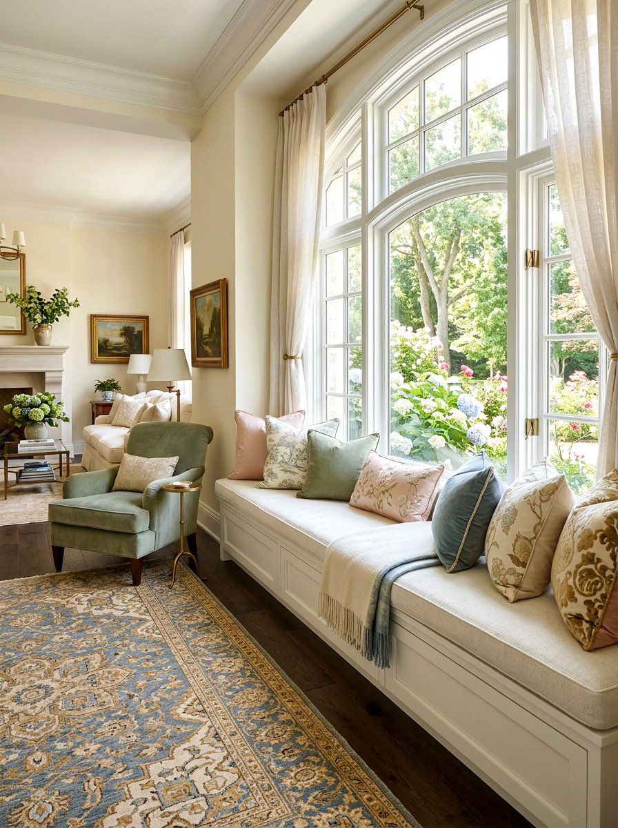 Elegant window seat with pillows - 30 bay window seating living room ideas