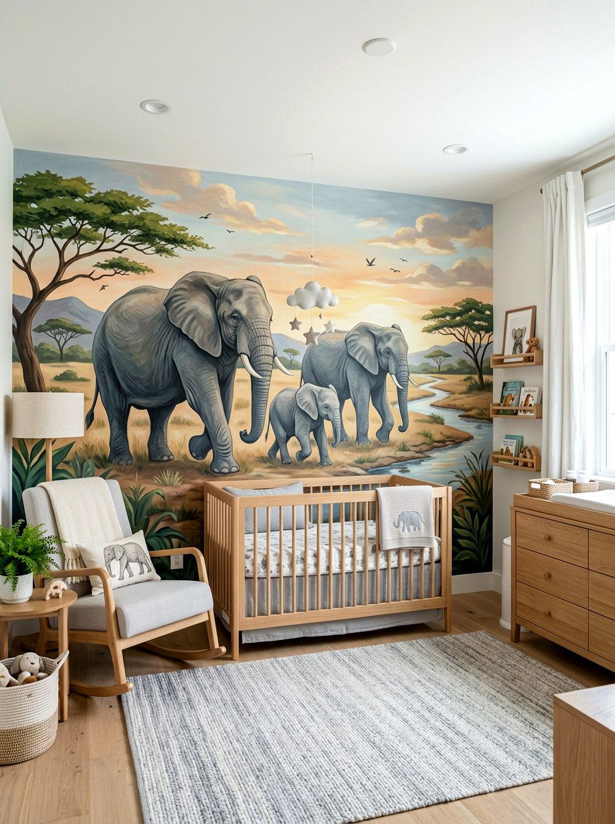 Elephant Family Wall Mural - 30 safari wall mural nursery ideas