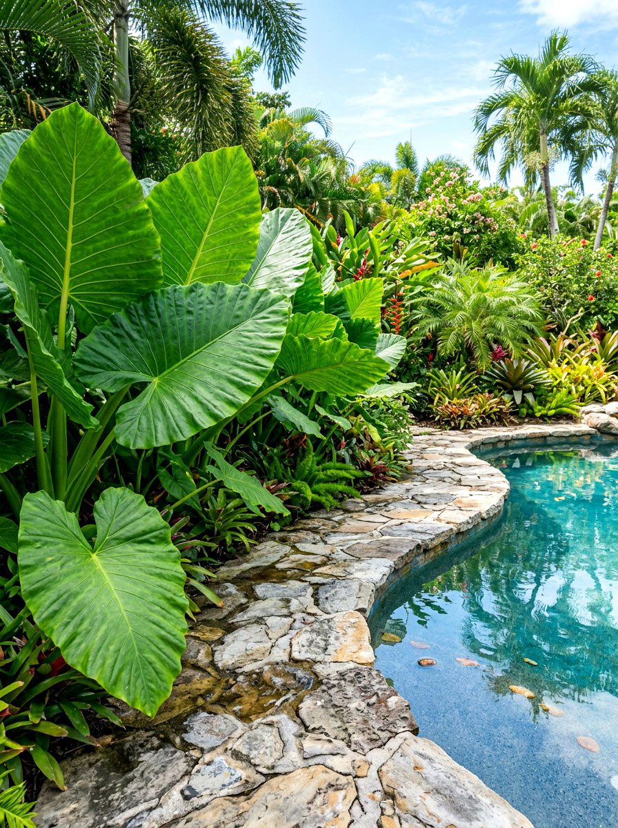 Elephant ear plants - 30 tropical pool landscaping ideas