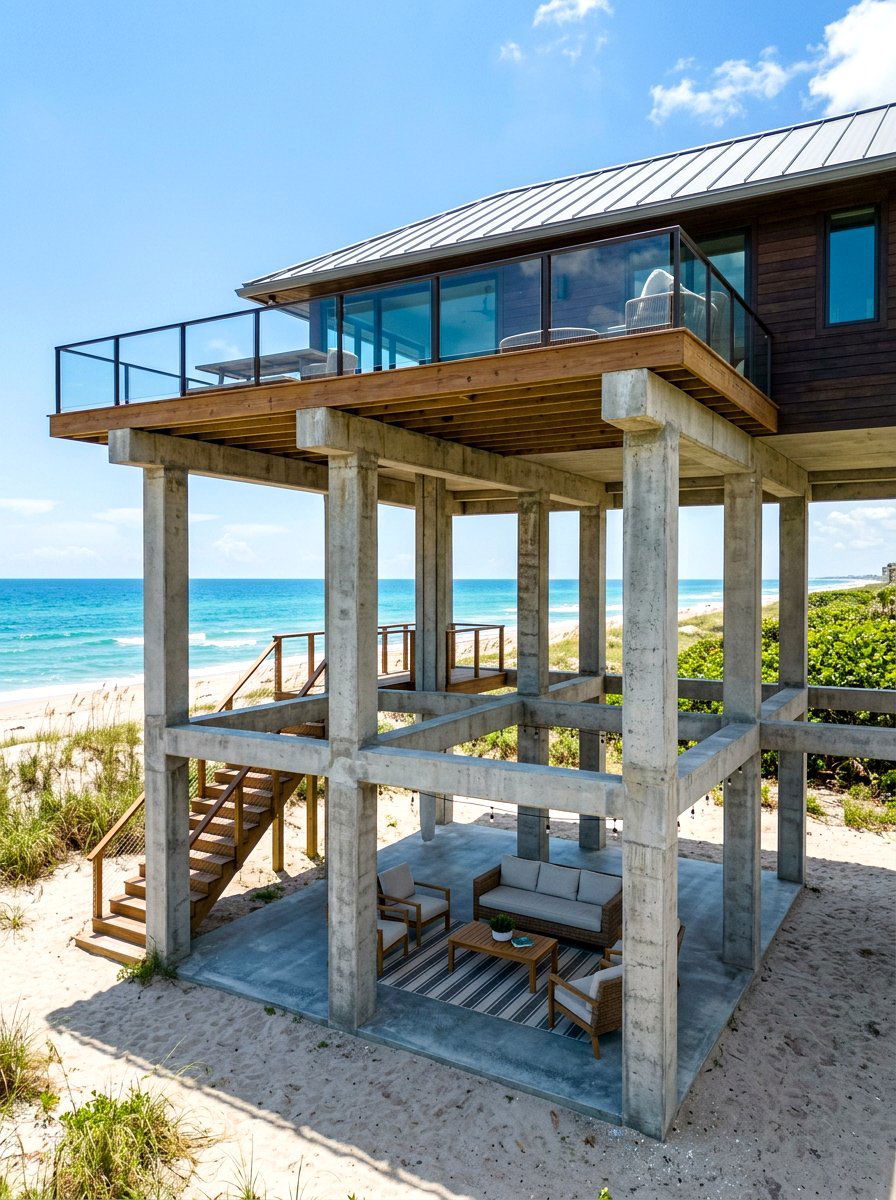 Elevated beach house on concrete pilings - 30 coastal exterior ideas