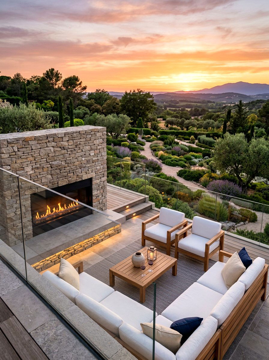 Elevated terrace fireplace lounge - 30 patio fireplace lounge ideas