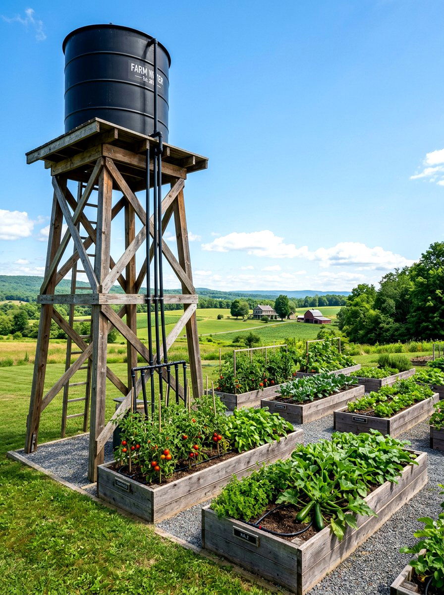 Elevated water tank - 30 raised bed irrigation ideas