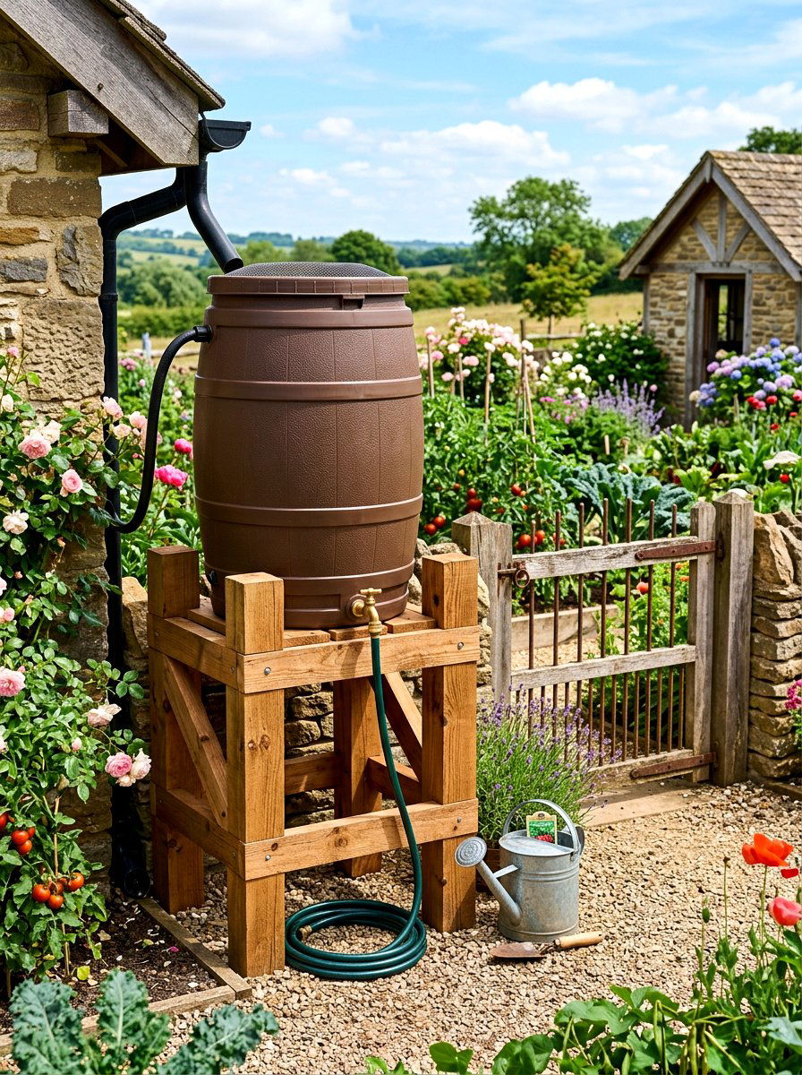 Elevated wood platform rain barrel - 30 rain barrel ideas