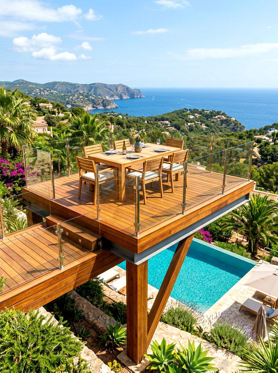 Elevated wood platform - 30 small poolside patio ideas