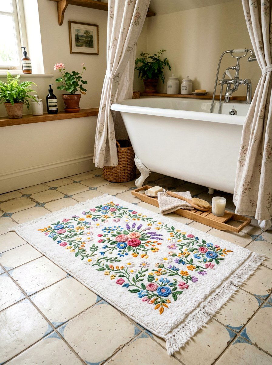 Embroidered Bath Mat - 30 granny chic bathroom ideas