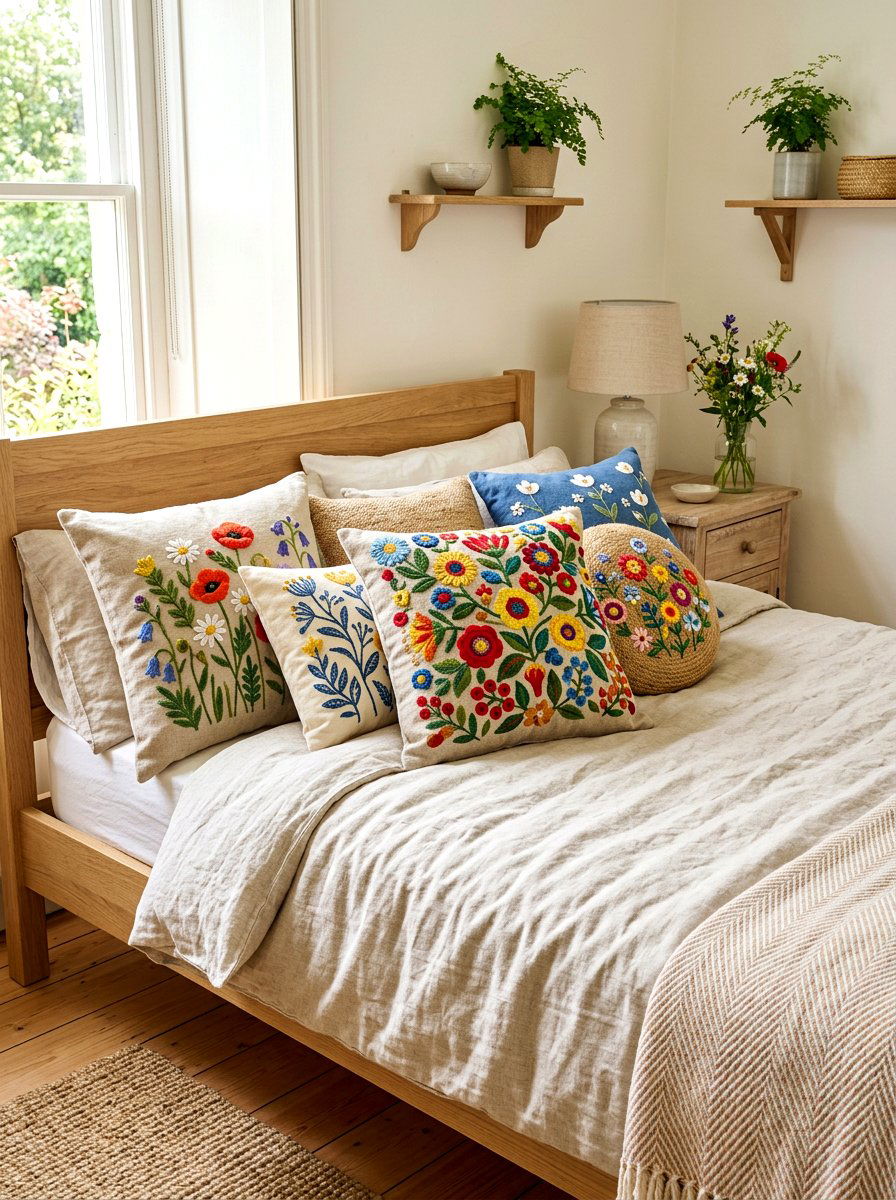 Embroidered Flower Pillow - 30 bloomcore bedroom ideas
