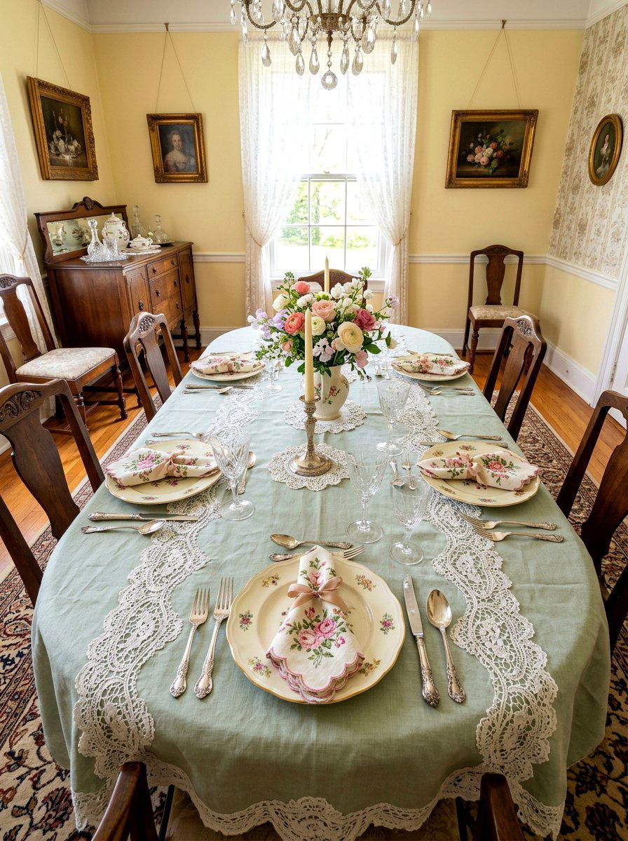 Embroidered Lace Vintage Dining - 30 layered tablescape dining ideas
