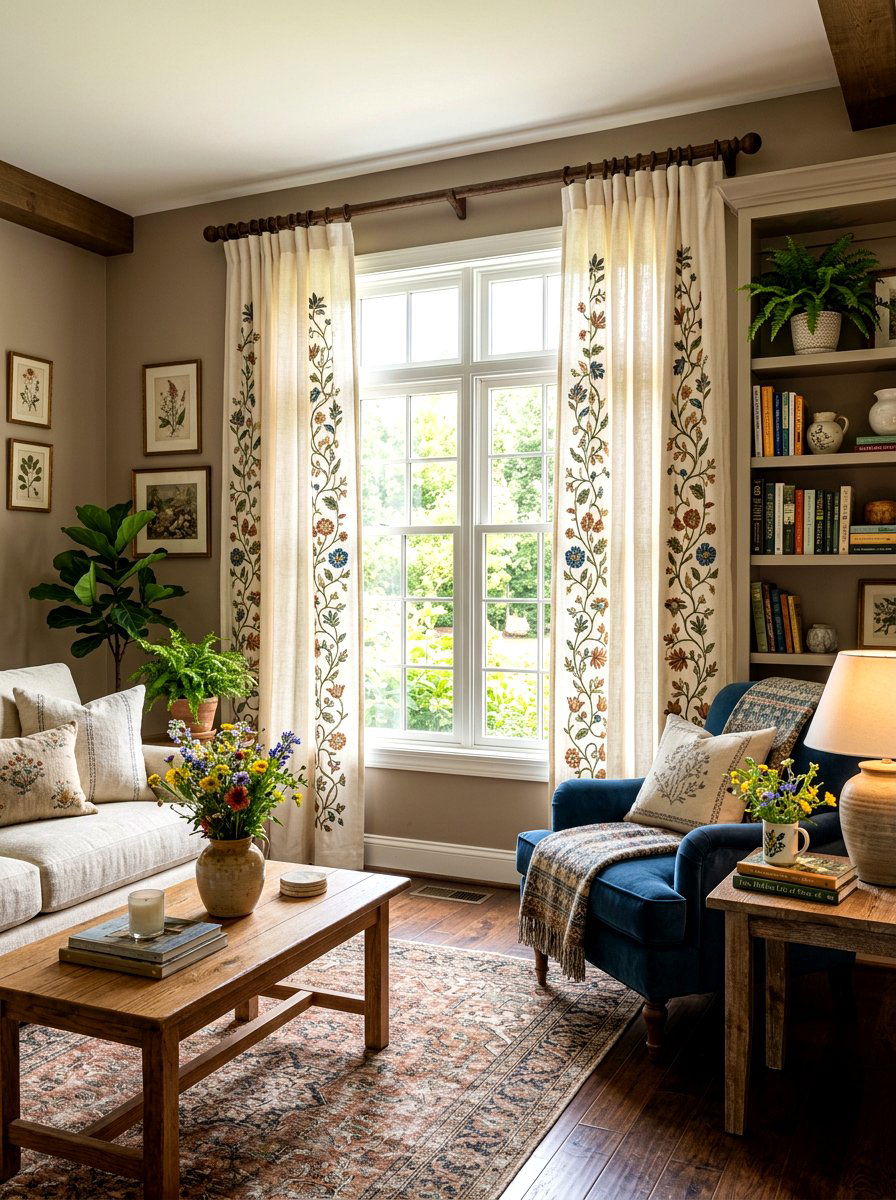 Embroidered Linen Drapes - 30 dramatic drapery living room ideas