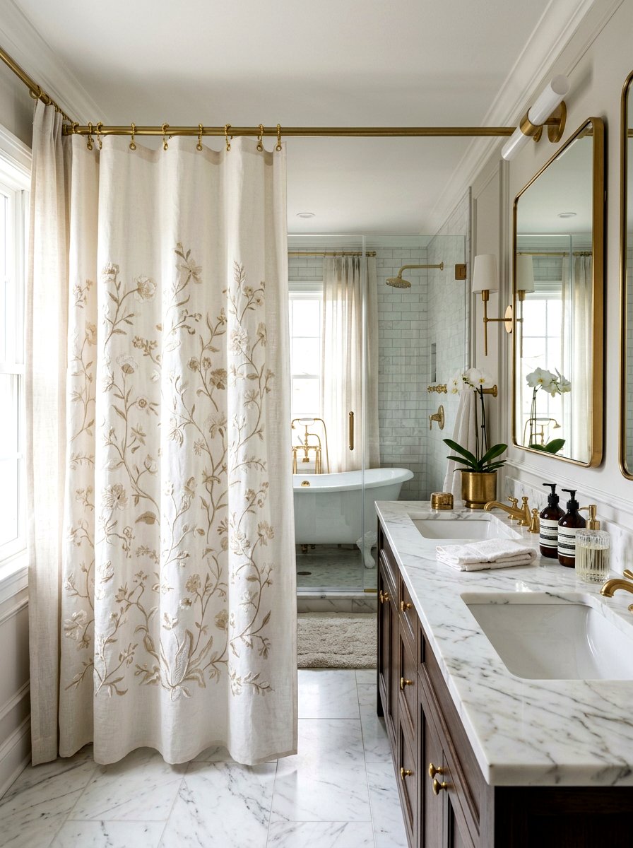 Embroidered Linen Shower Curtain - 30 linen shower curtain ideas