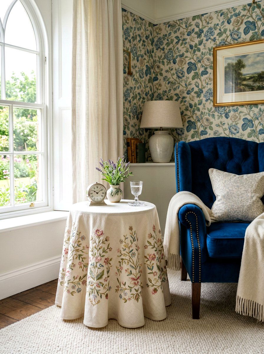 Embroidered Linen Side Table - 30 fabric covered side table ideas