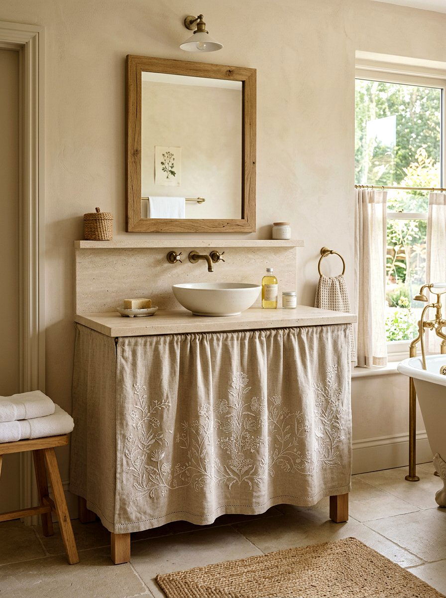 Embroidered Linen Sink Base - 30 skirted vanity ideas