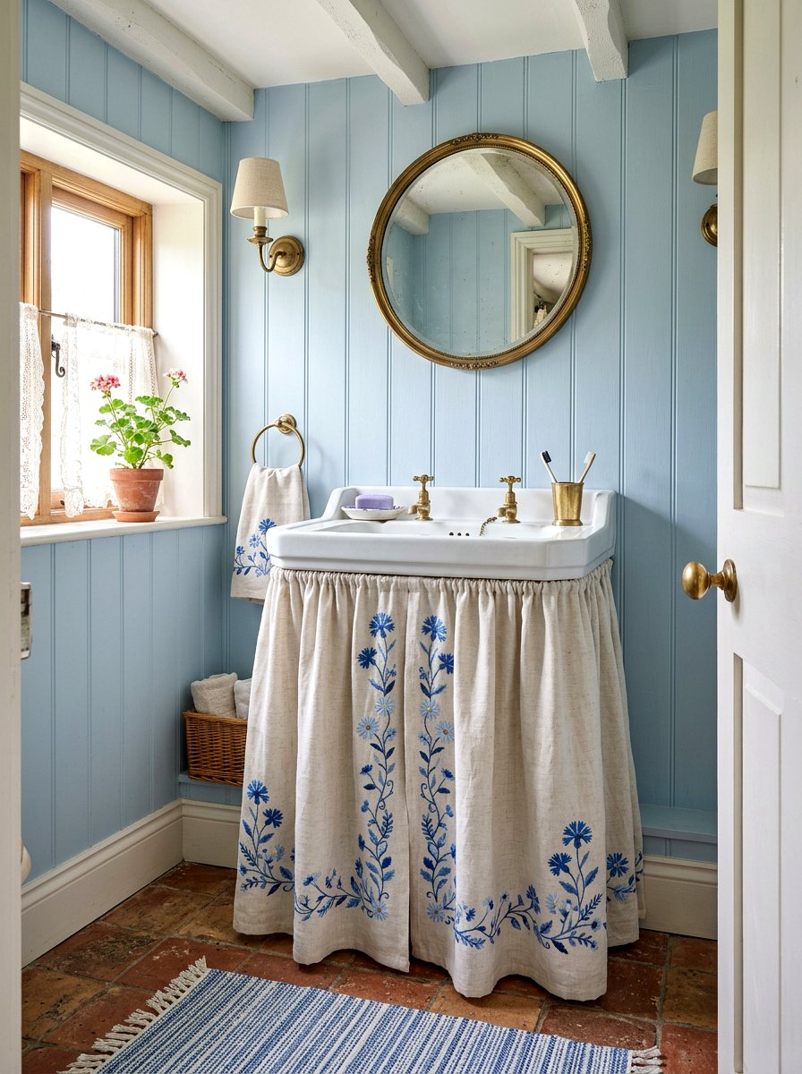 Embroidered Linen Skirted Sink - 30 skirted powder room sink ideas