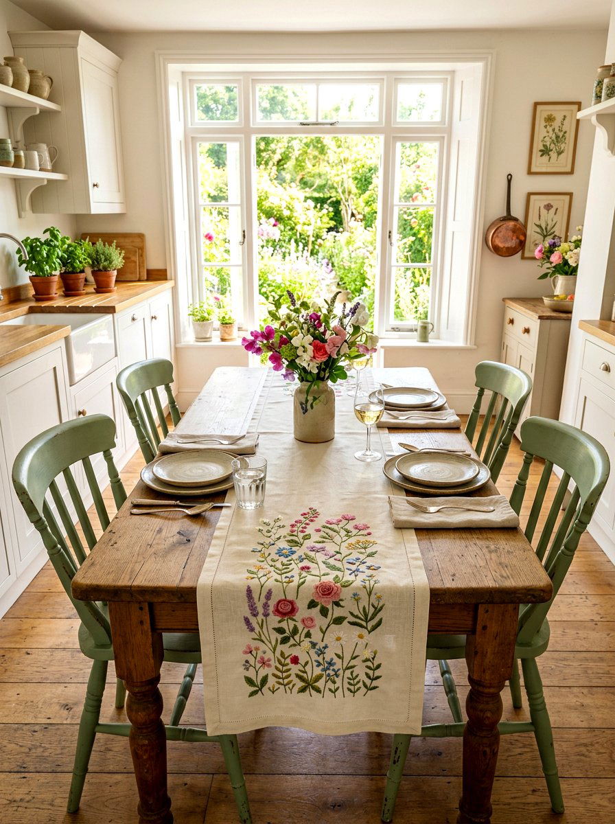 Embroidered Linen Table Runner - 30 cabbagecore kitchen ideas