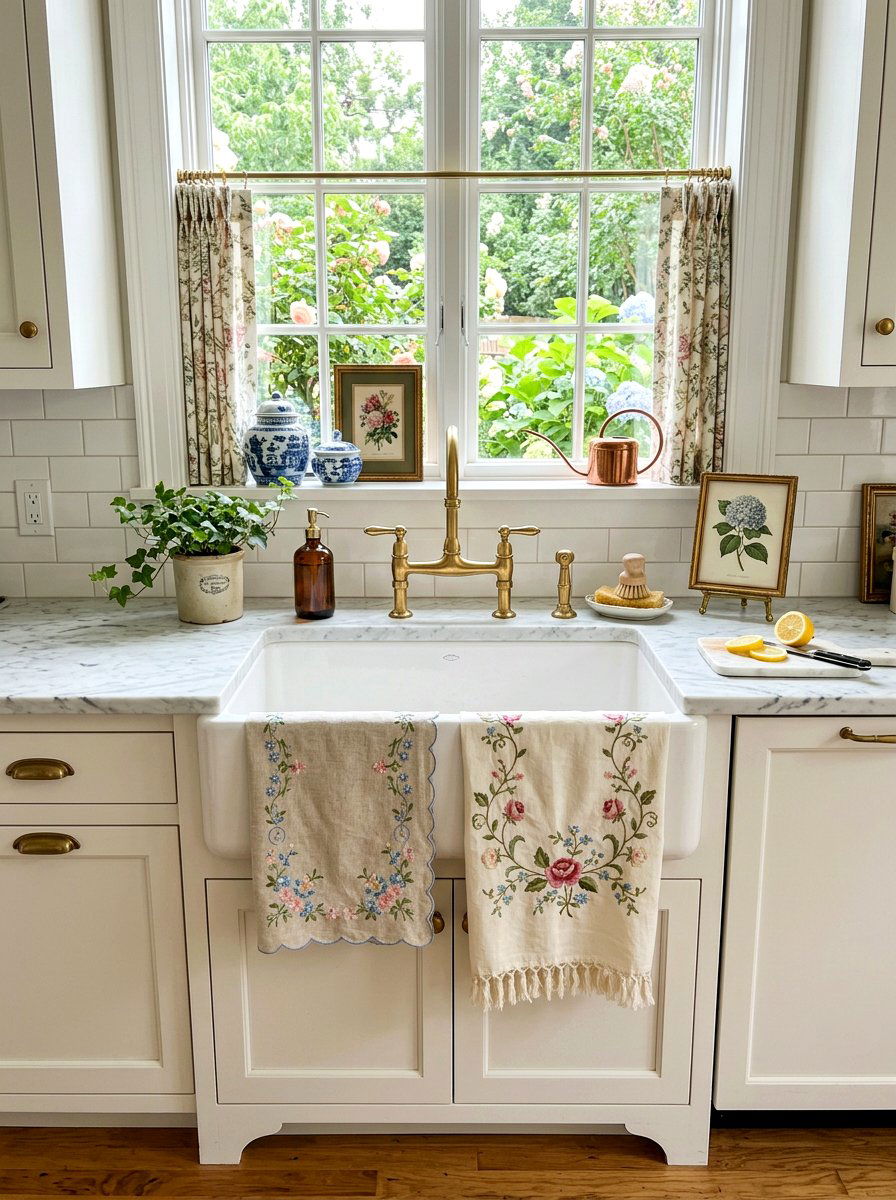 Embroidered Linen Towels - 30 heirloom kitchen decor ideas