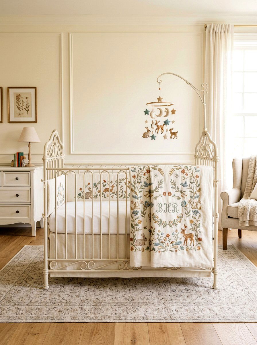 Embroidered Nursery Linens - 30 gender neutral heirloom nursery ideas