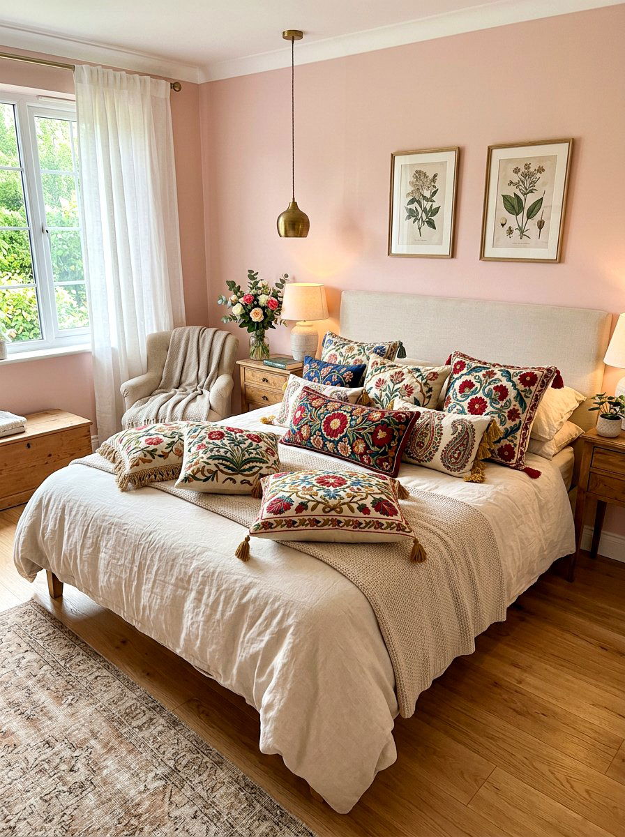 Embroidered Pillow Covers - 30 cottage romantic bedroom ideas