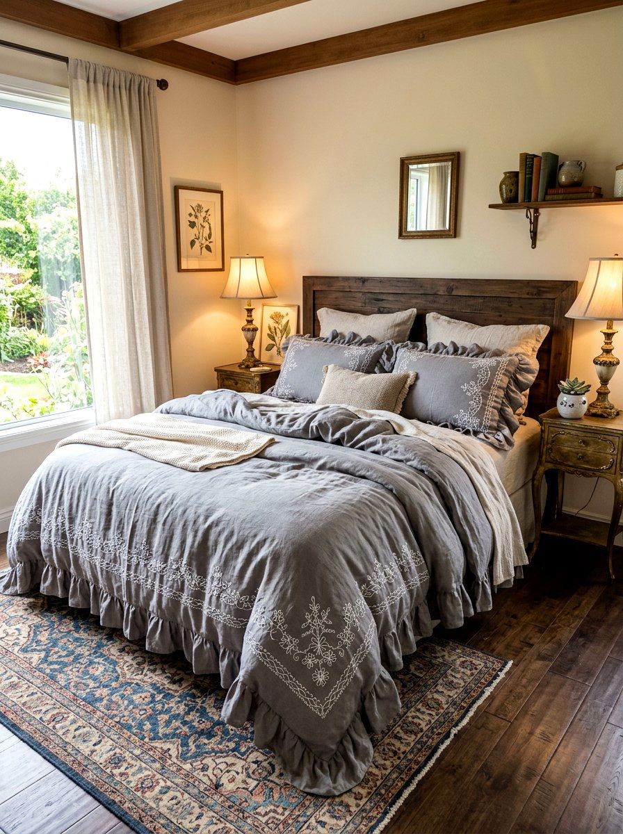 Embroidered Ruffled Linen Bedding - 30 ruffled linen bedding ideas