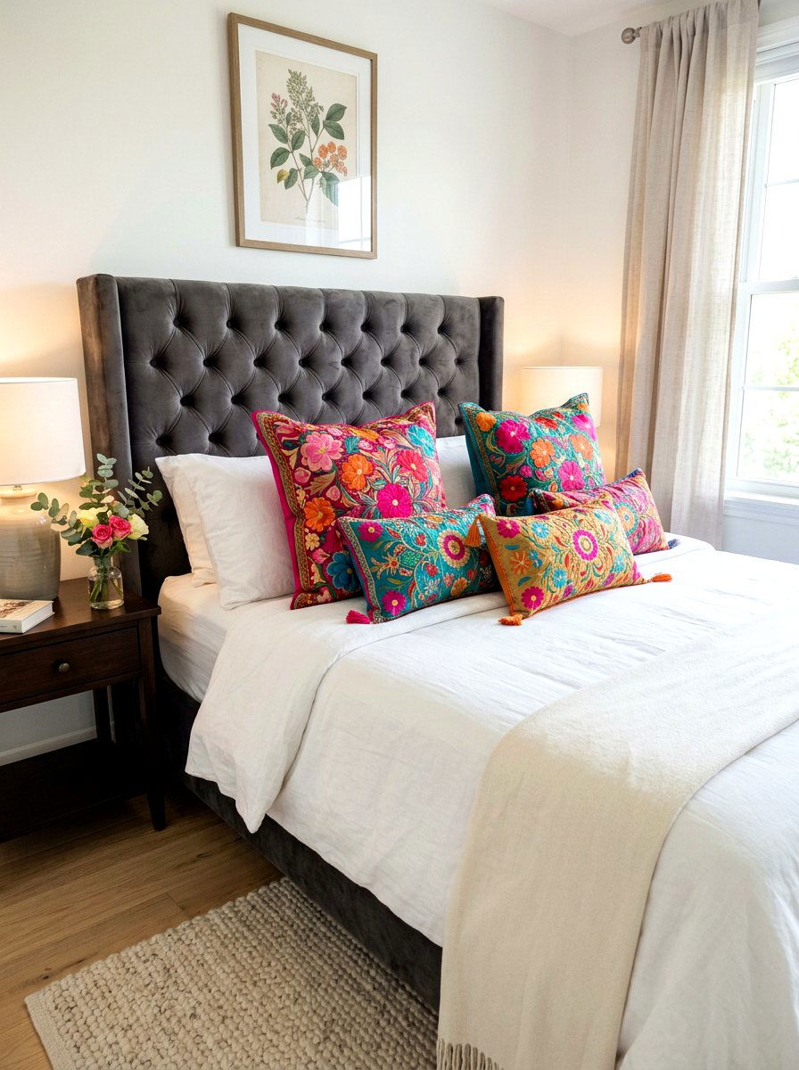 Embroidered Silk Pillows - 30 antique bedroom decor ideas