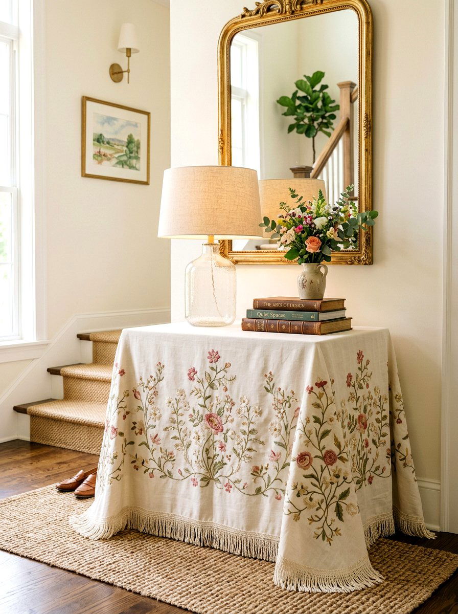 Embroidered Skirted Foyer Table - 30 skirted foyer table ideas
