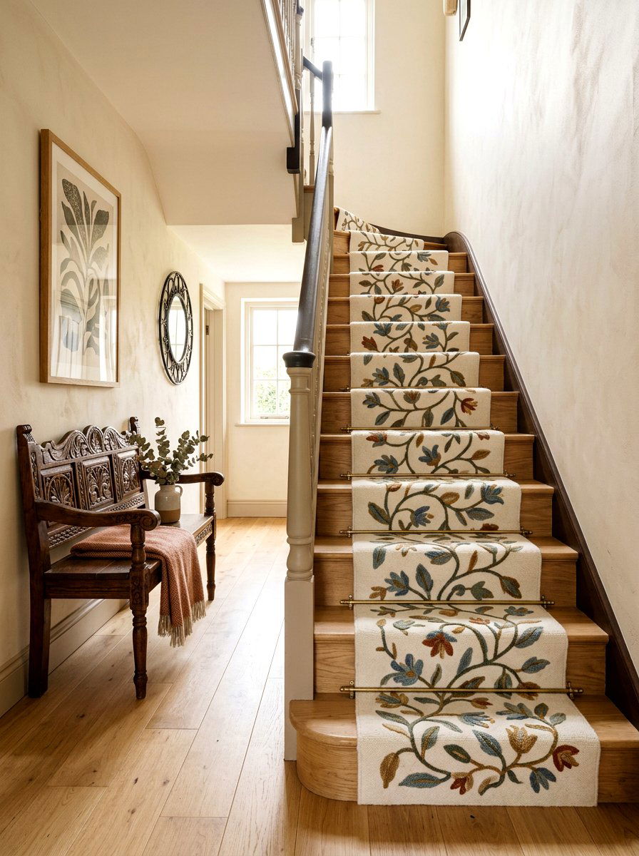 Embroidered Stair Runner - 30 vintage stair carpet ideas