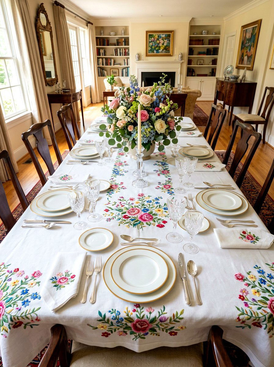 Embroidered Tablecloth - 30 grandmillennial decor ideas